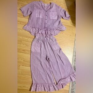 easel SET Lavender Eyelet Top with Wide-Leg Cotton Pant Set